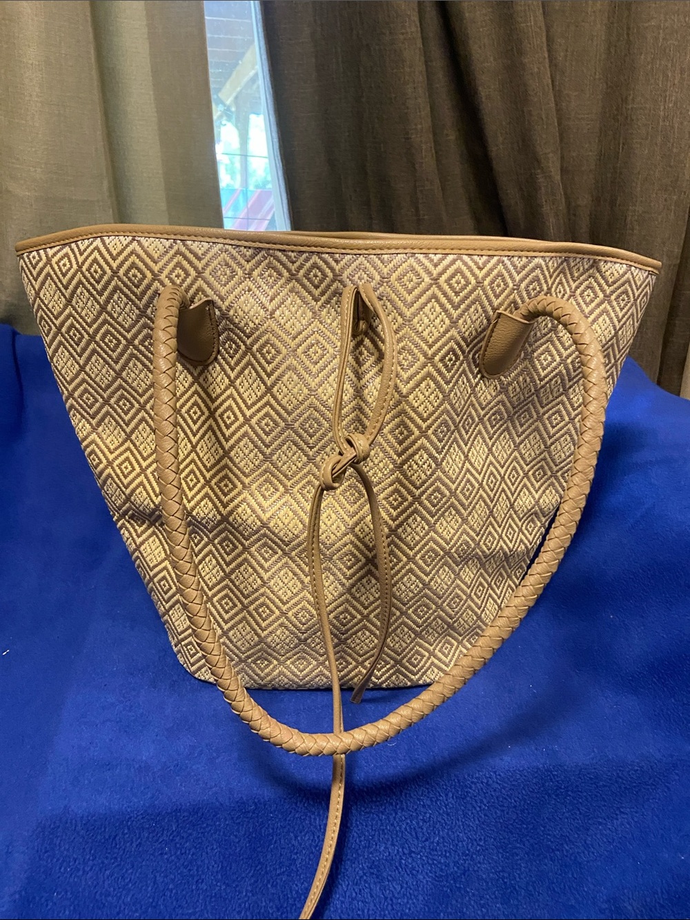Neiman Marcus Braided Diamond-Pattern Tote in Tan
